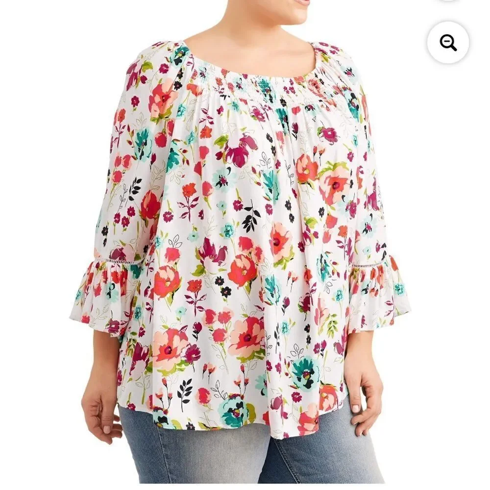 Terra & Sky White Floral lightweight soft woven knit fabric, 3/4-length sleeves